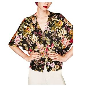 Zara Basic Collection Floral Oriental Silky Button Down Popover Blouse Small